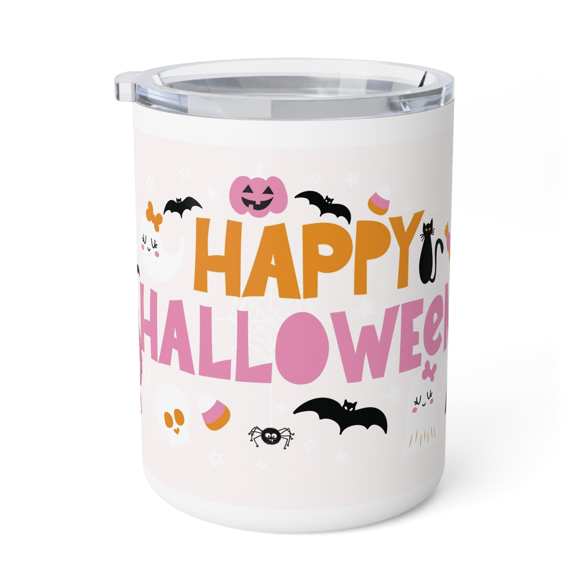 Labubu white tumbler with 'Happy Halloween' text and graphics on a white background