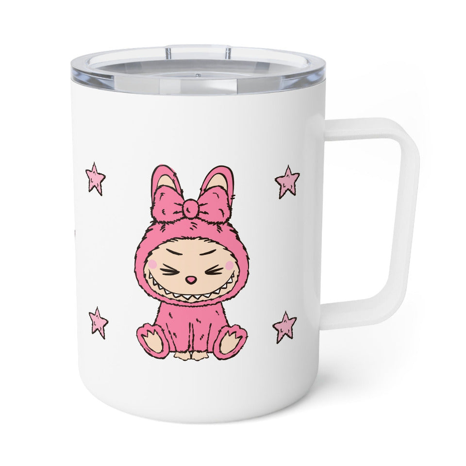 Pink Labubu is sitting with eyes closed in between stars pattern on white insulated mug with lid