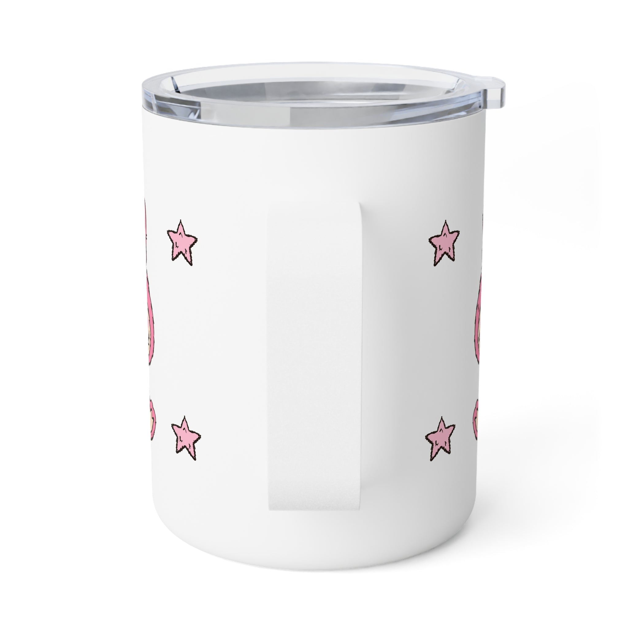 White tumbler with pink star patterns on a white background and pink Labubu featured on both sides
