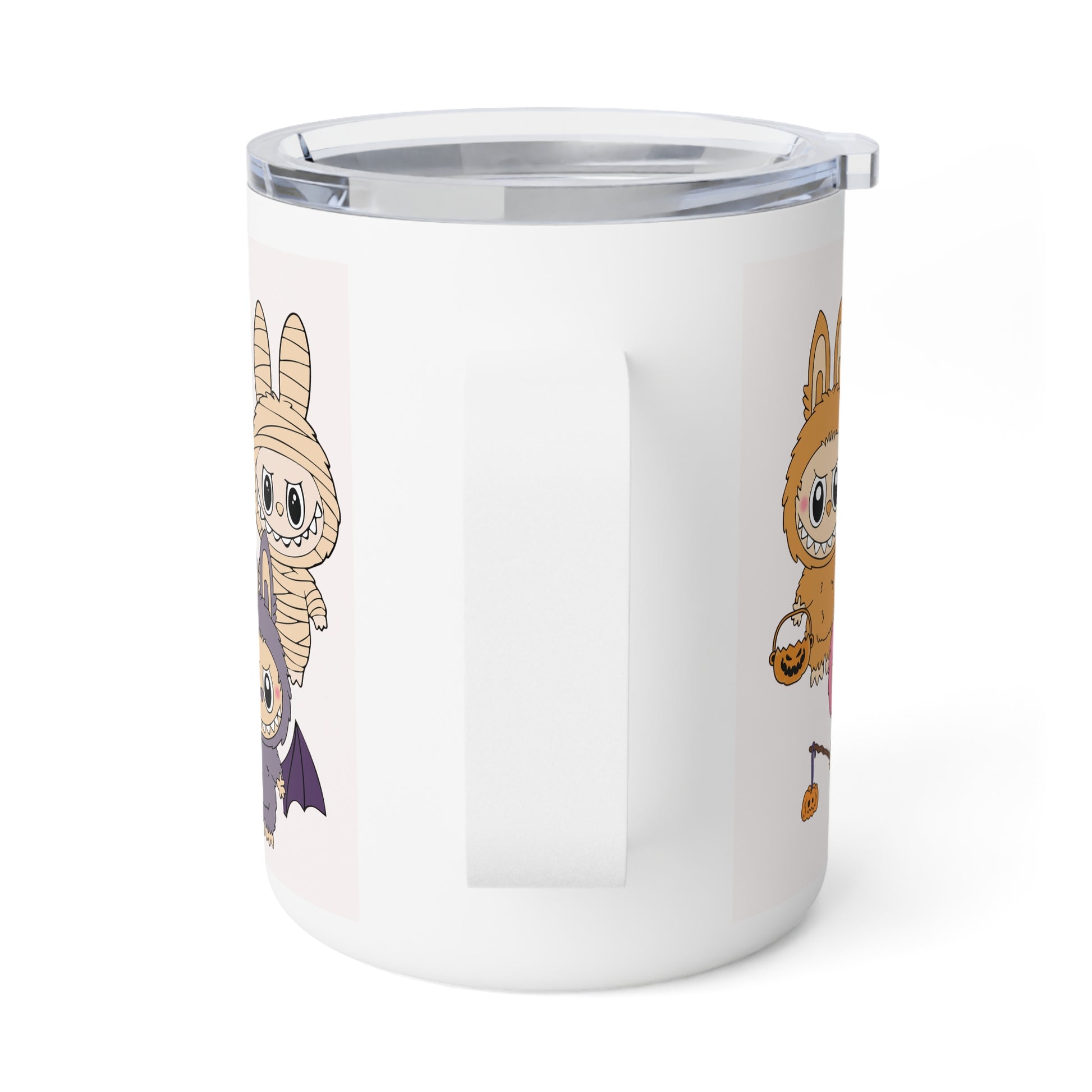 White tumbler with Labubu characters on a white background, view of mug handle