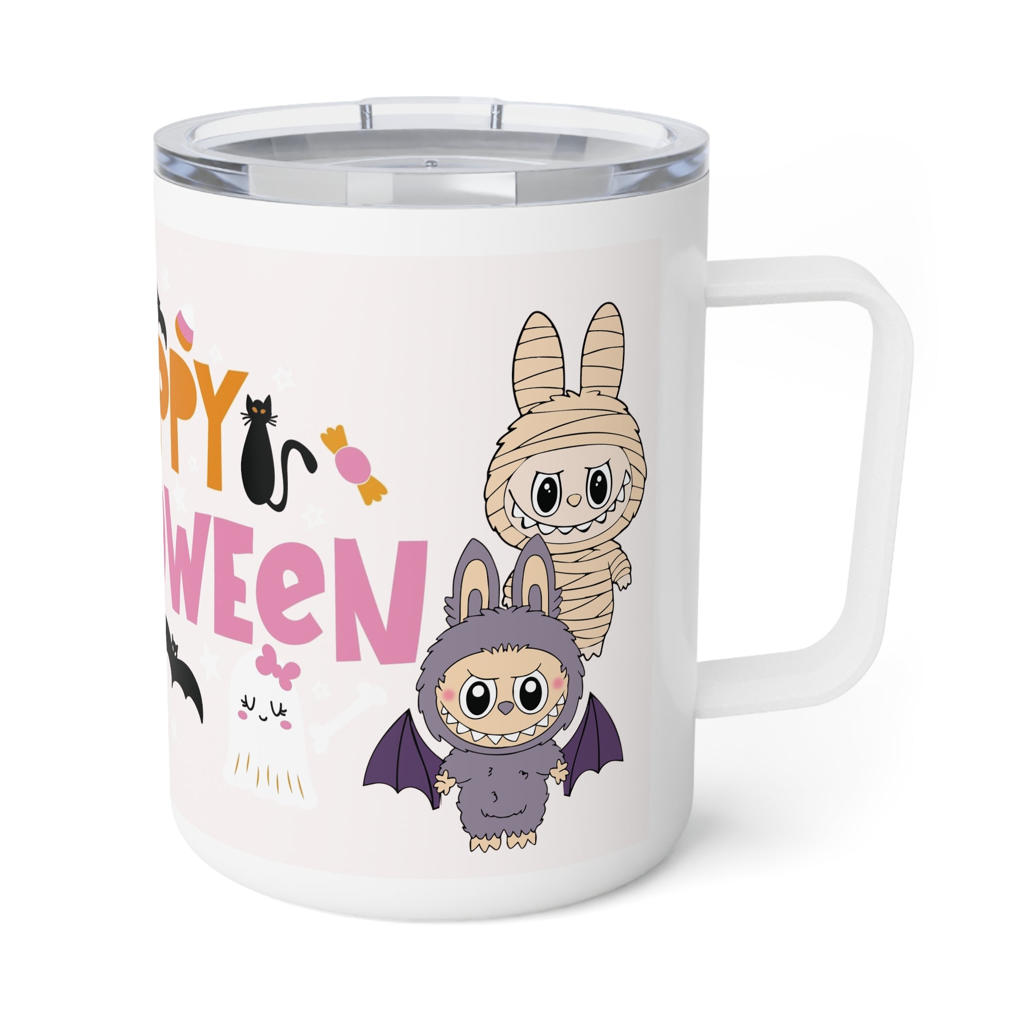 Spooky season insulated mug with Labubu bat character, candy corn, and playful Halloween graphics.