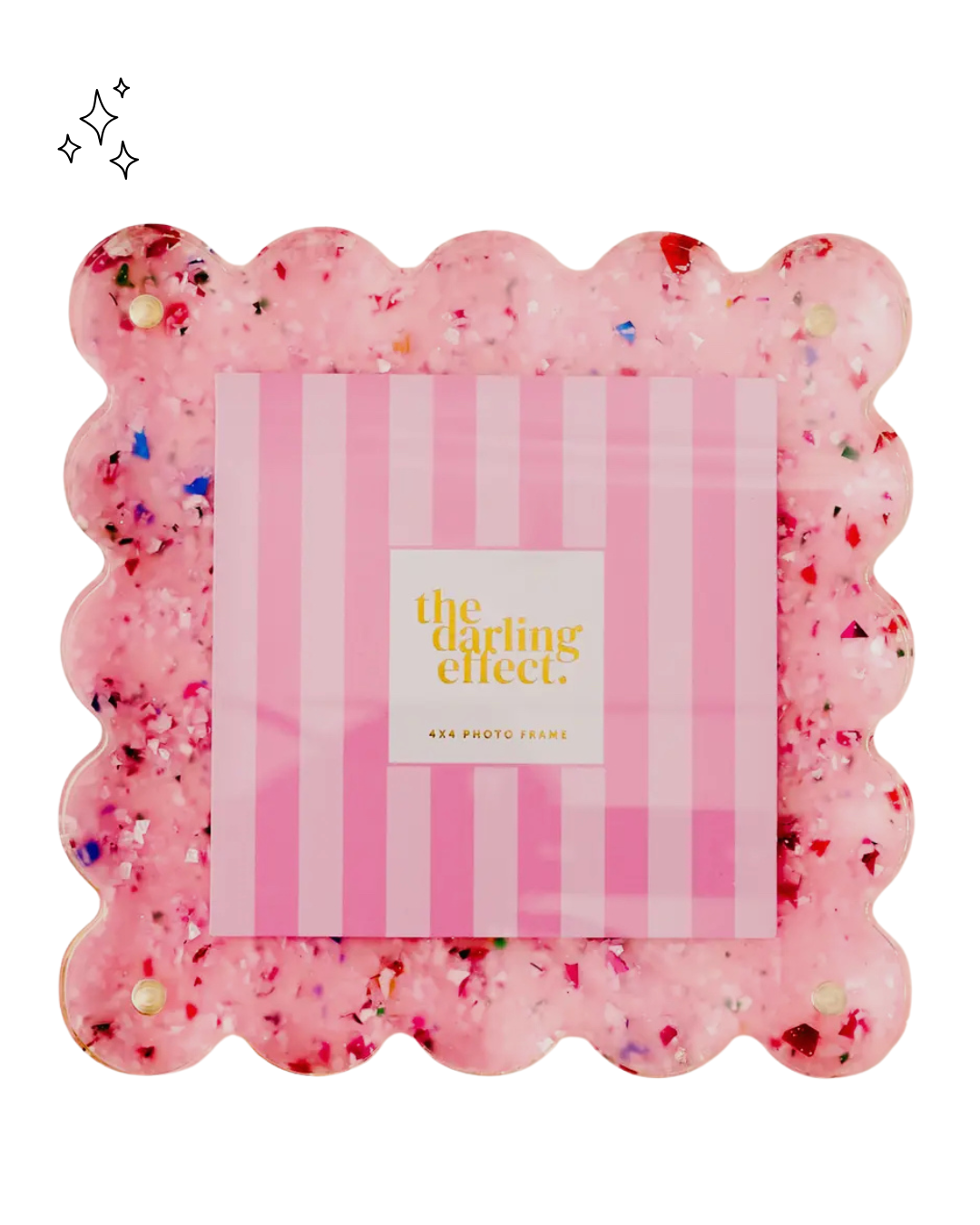 Pink photo frame with striped design and 'the darling effect' branding on a white background