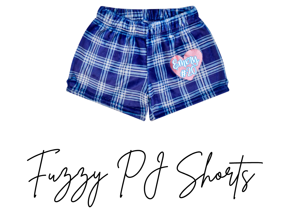 Blue plaid fuzzy PJ shorts with a heart design on a white background