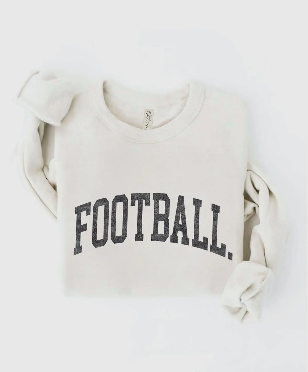 Cream crewneck sweatshirt with bold black varsity-style text reading FOOTBALL across the front.