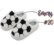 Fuzzy slippers with personalized names and numbers.