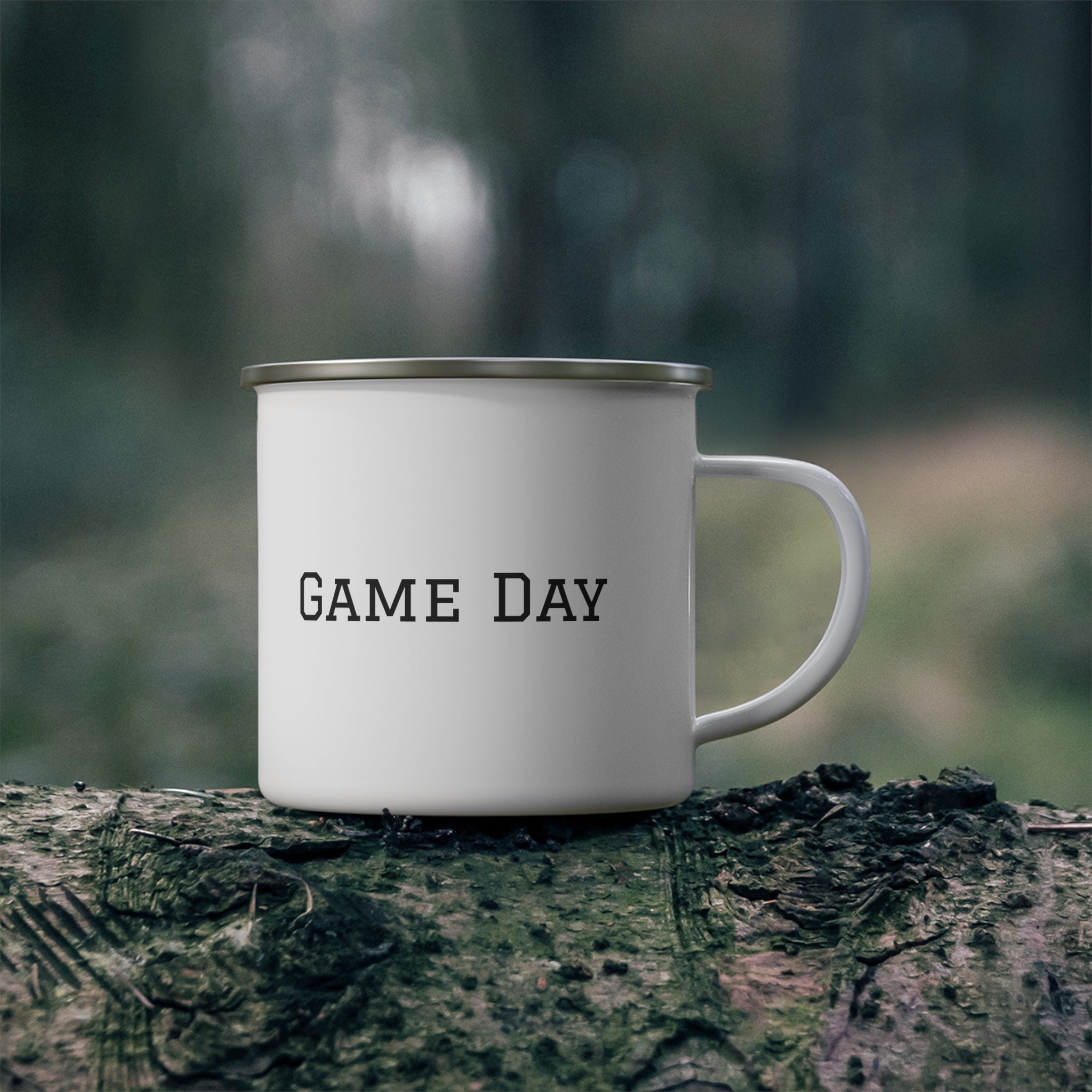 Game Day enamel mug with varsity lettering - football coffee cup