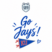 A graphic design featuring the text 'Go Jays!' in blue script, a blue and red KU pennant, and an SHPR shield logo at the top, all centered on a plain white background.