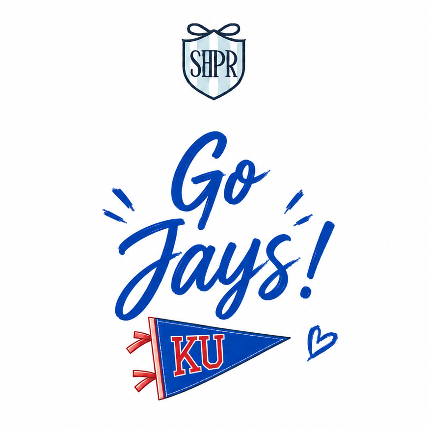 A graphic design featuring the text 'Go Jays!' in blue script, a blue and red KU pennant, and an SHPR shield logo at the top, all centered on a plain white background.