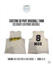 Two custom 3D puff baseball tanks with branding on a white background