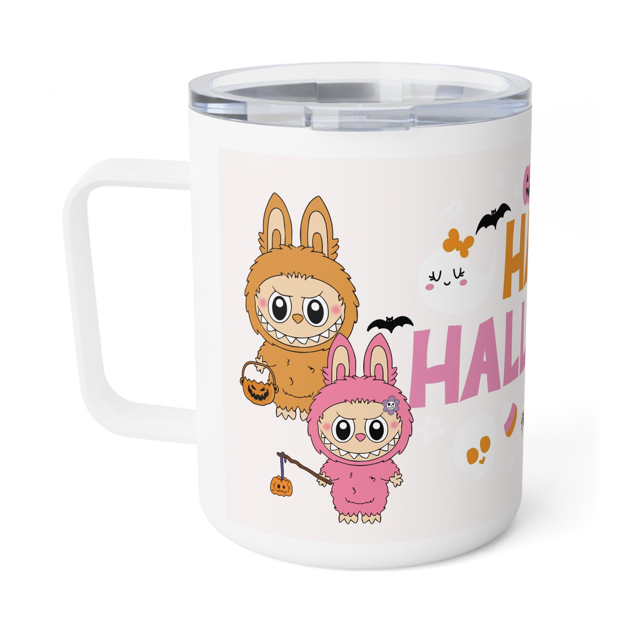 White insulated stainless steel Halloween mug with Orange and Pink Happy Halloween text, pumpkins, bats, and festive candy design featuring Labubu monsters