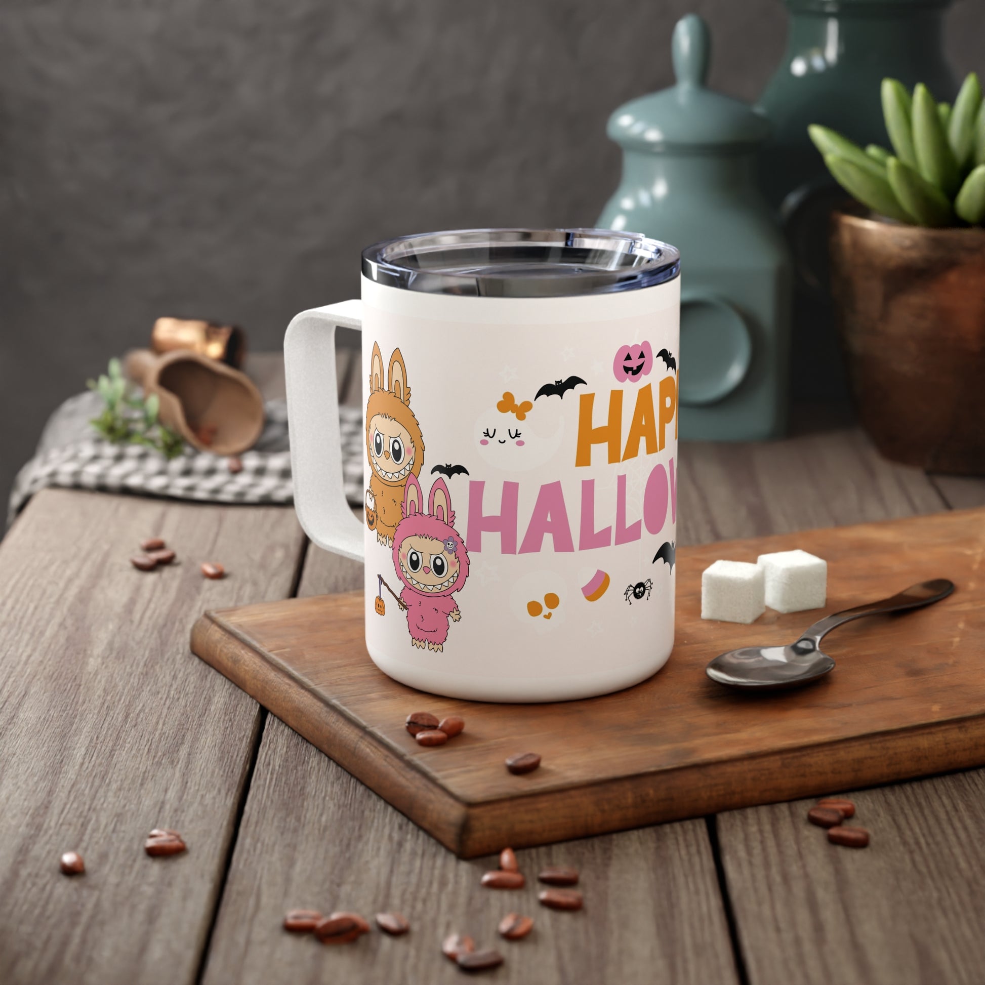 Happy Halloween insulated coffee mug with cute Labubu characters in Halloween costumes, 10oz stainless steel cup with lid.