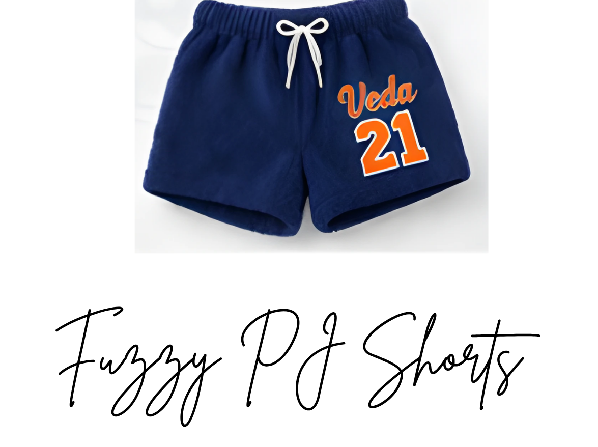 Navy blue fuzzy PJ shorts with 'Veda 21' text on a white background
