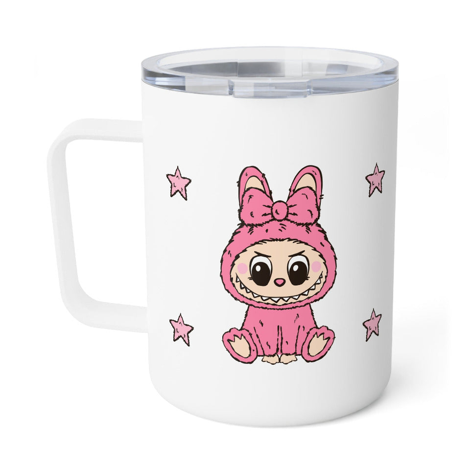 Adorable pink Labubu monster with preppy bow and stars on white mug with lid