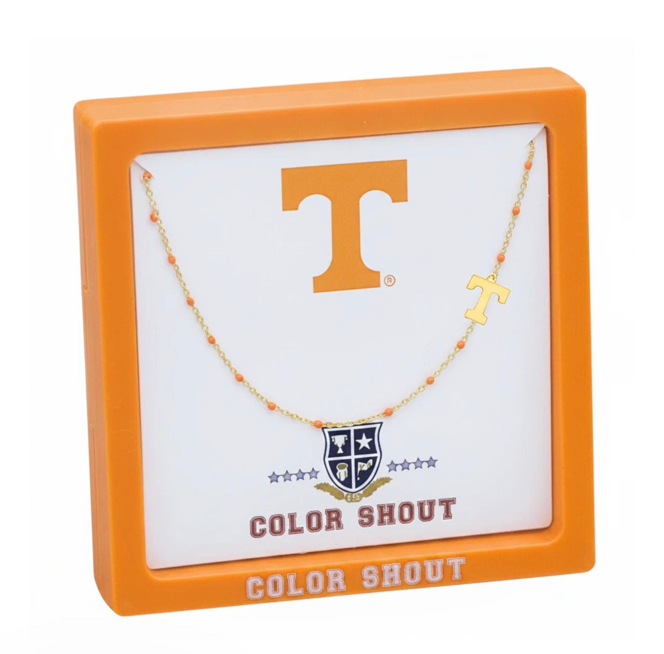 A gold beaded necklace with a small T-shaped charm.
