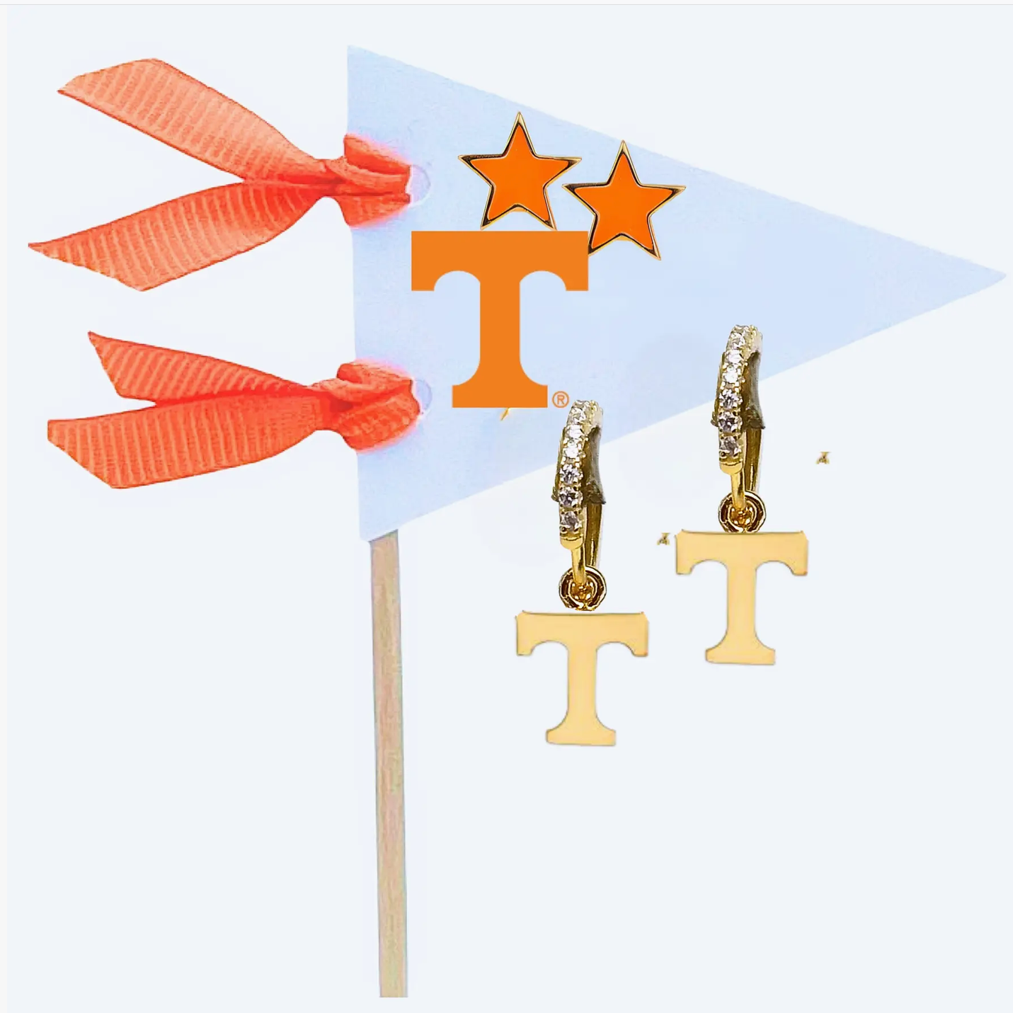 A product listing showing a pair of gold-toned hoop earrings with T-shaped drop charms, and set of orange star posts, displayed on a white flag against a white background. 