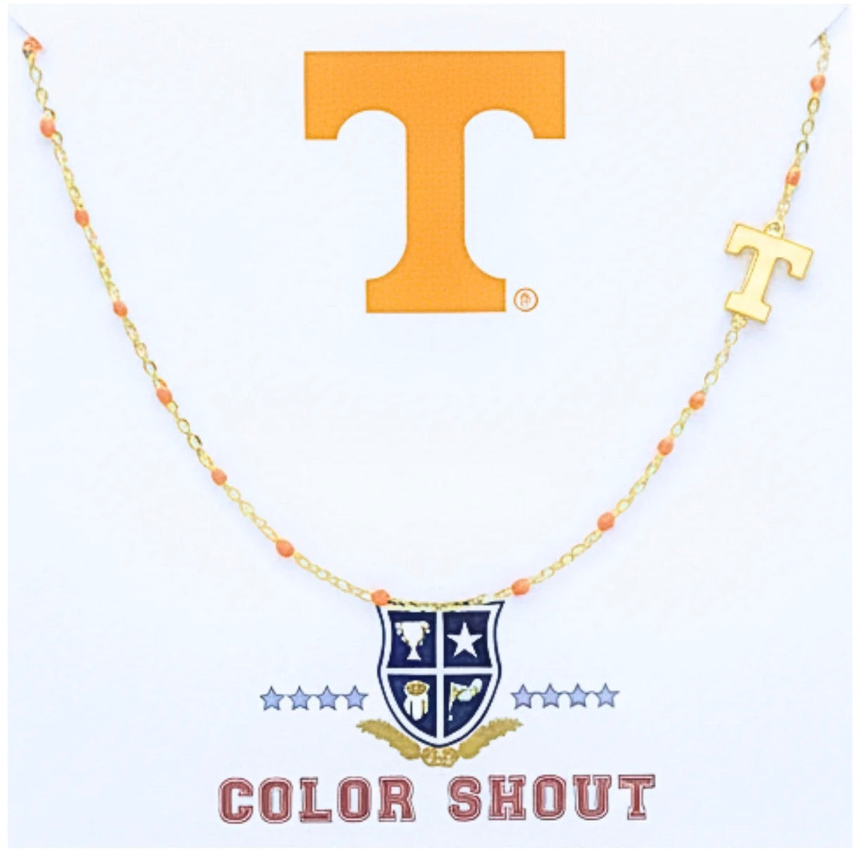 A gold chain necklace with small orange beads and a gold 'T' charm, displayed on a white background with a large orange Tennessee 'T' logo